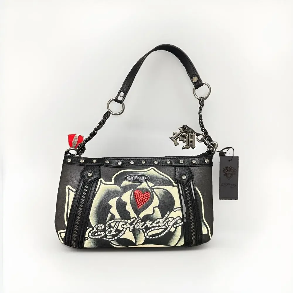 Ed Hardy Women's Black Leather Shoulder Bag W Rhinestones Rare Sample Bag New